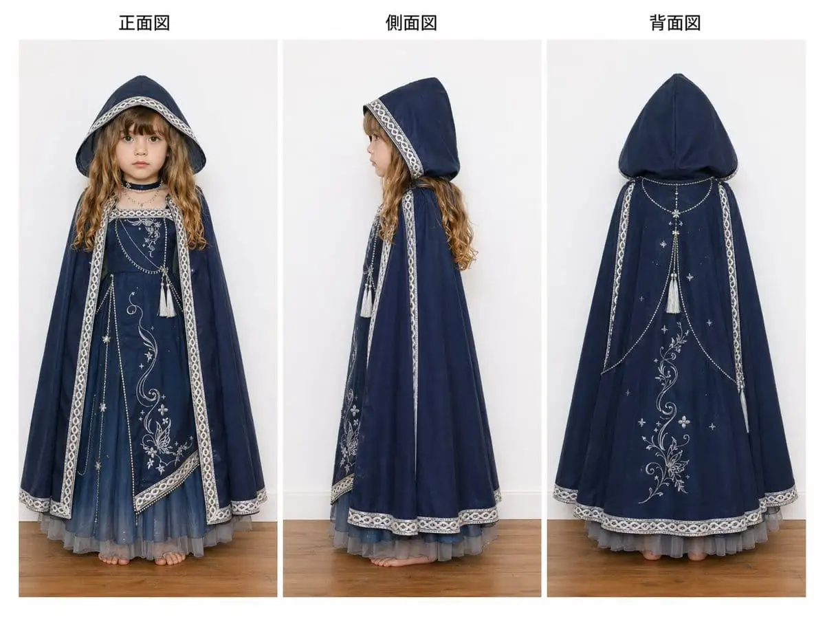 三视图连帽奇幻礼服参考图 | 儿童服装目录模板
