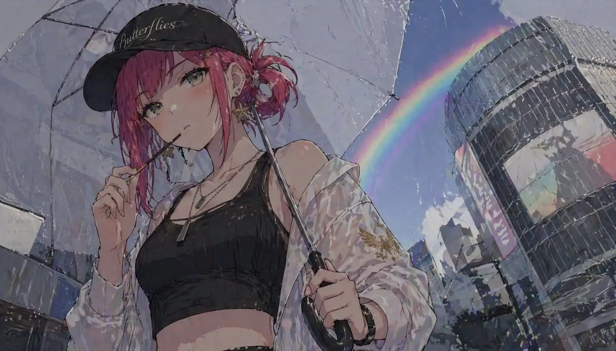 撑伞彩虹下的动漫少女 | 时尚街头风插画提示词