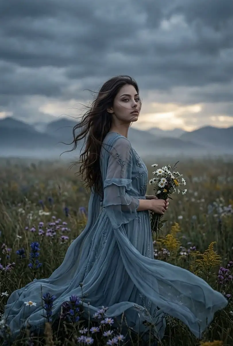 Netflix级黑暗幻想人像:暴风雨草甸中的忧郁少女