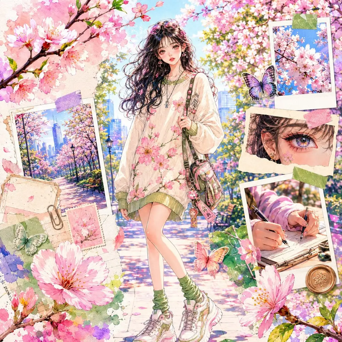 日韩水彩樱花少女 | 梦幻高级拼贴海报设计