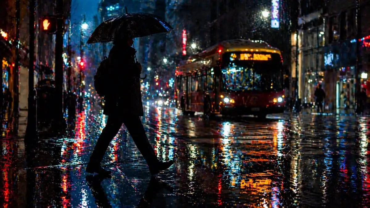 雨夜城市穿行:电影级街景提示词