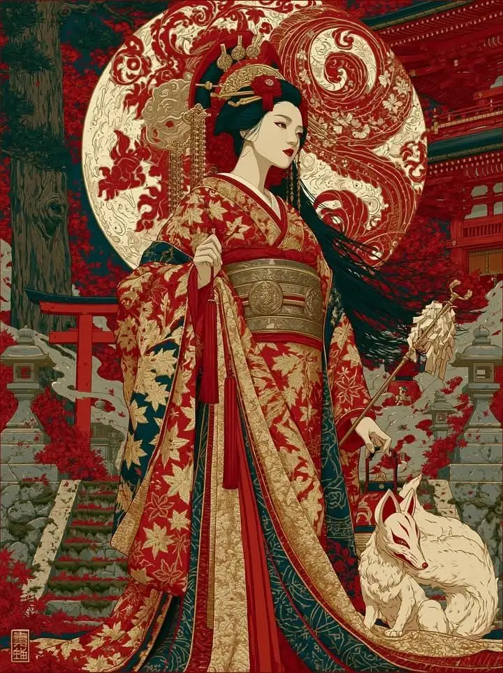 浮世绘·红金和服女子与九尾狐|日式奇幻插画