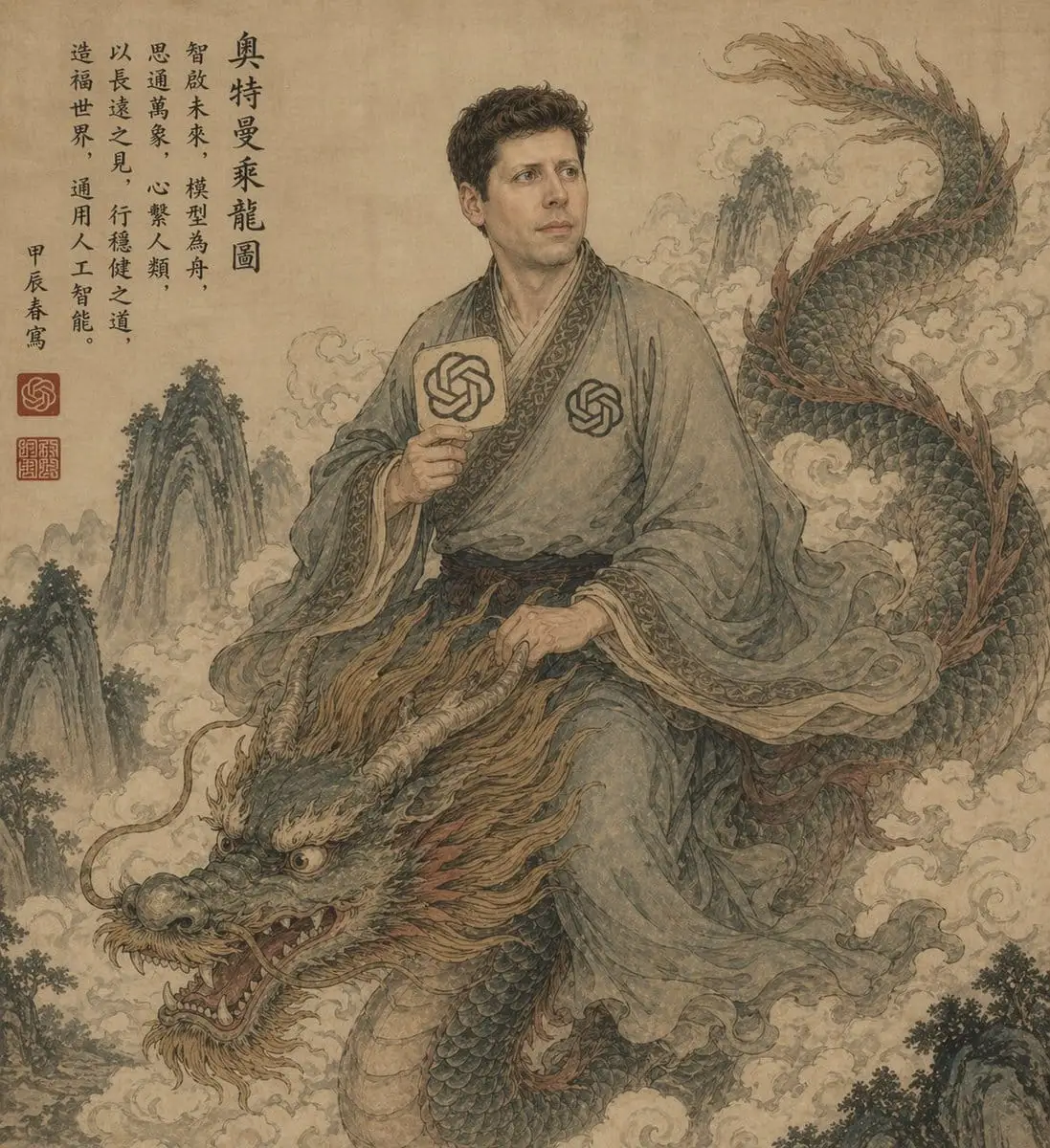 骑龙古卷学者:赛博水墨龙图腾